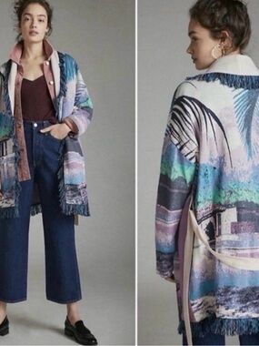 Aldo Martins Anthropologie  Fringe Tie-Waist Shawl-Collar Cape palm trees XS